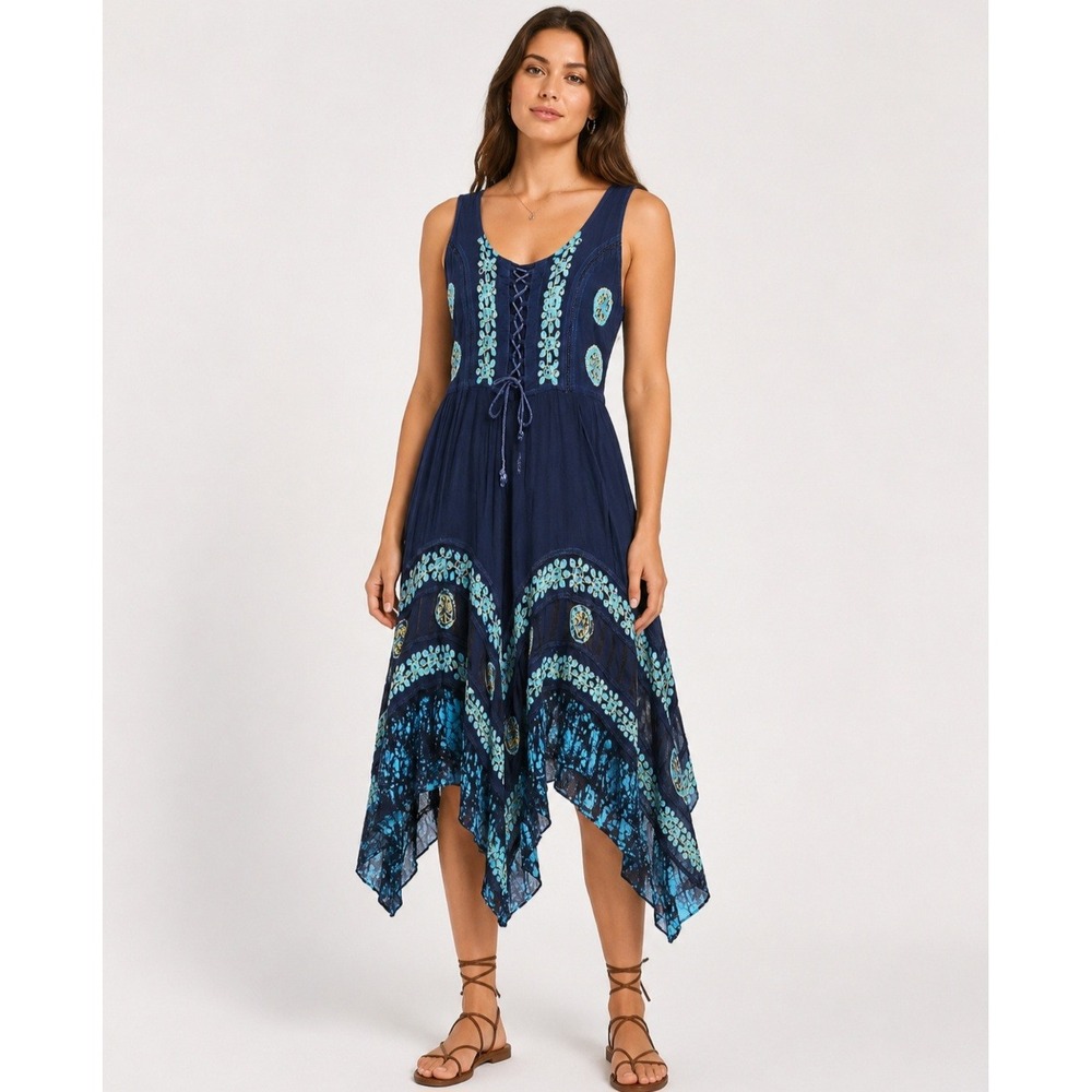VTG Rayon Handkerchief Hem Corset Midi Dress M Blue Tie Dye Embroidered Fairy 80